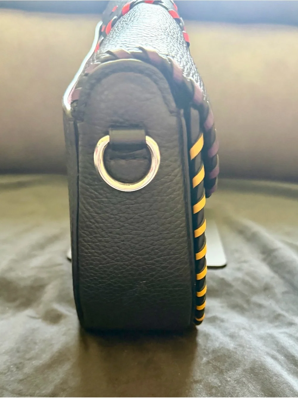Coach Black Leather Crossbody with Pink, Yellow & Red Stitching
